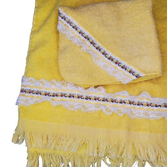 Vintage Cannon Sunshine Yellow Lace Floral Ruffle Hand Towel Washcloth‎ Set USA - Picture 3 of 8